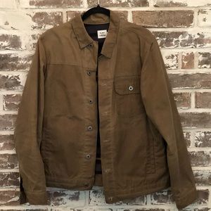 Men’s Flint and Tinder Tan Waxed Trucker Jacket. This jacket has some wear.